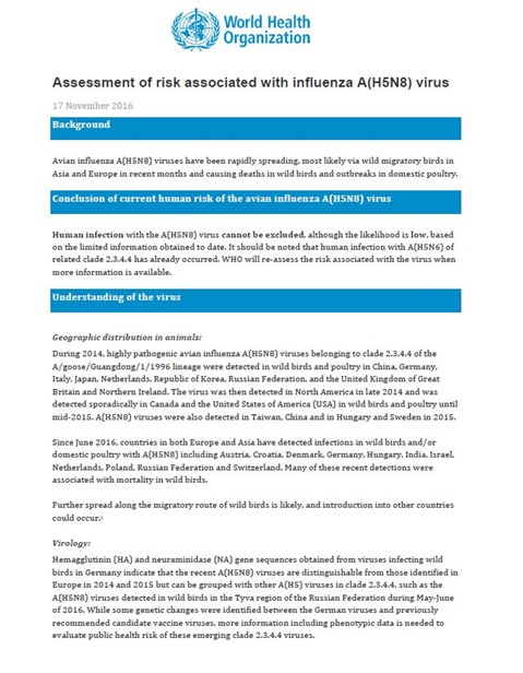 Assessment of risk associated with influenza A(H5N8) virus