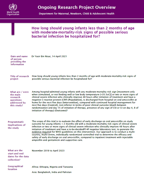 How long should young infants less than 2 months of age with moderate-mortality-risk signs of possible serious bacterial infection be hospitalized for?